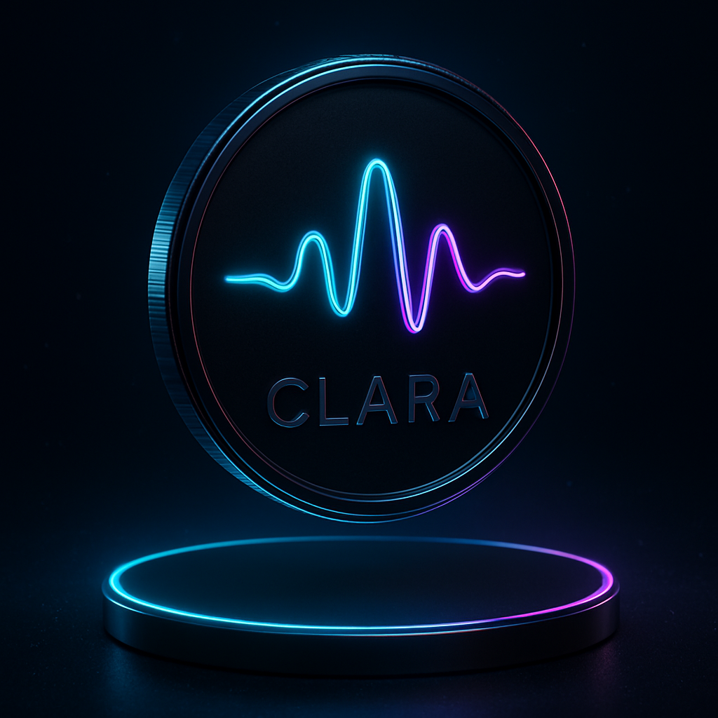 CLARA token — a dark coin displaying a glowing cyan and violet waveform